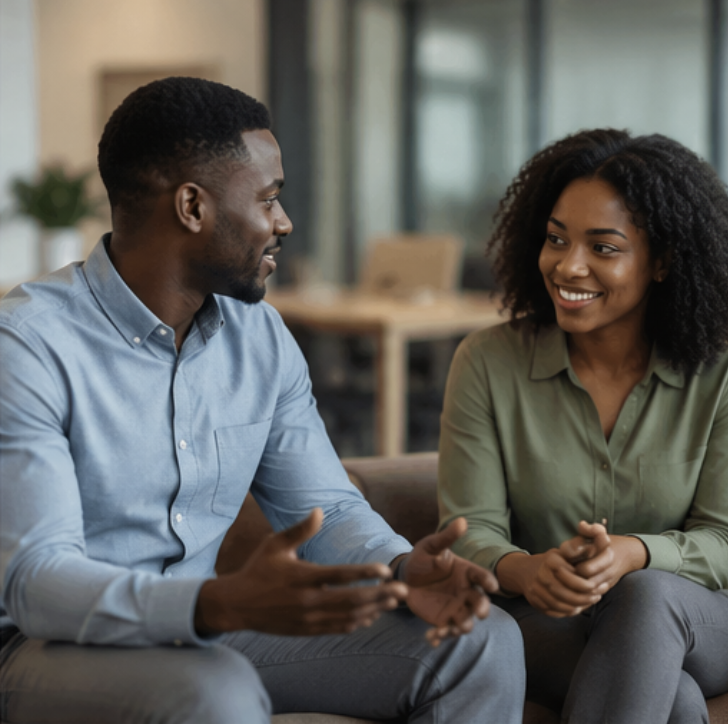 Two professionals discussing work in an office