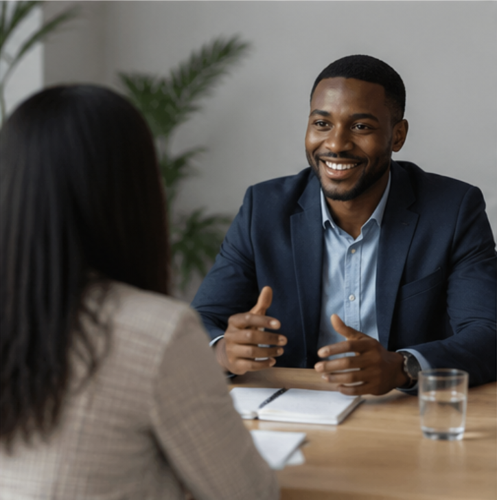 Smiling interviewer speaking with a candidate