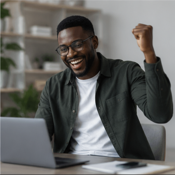 Professional celebrating good news at a laptop