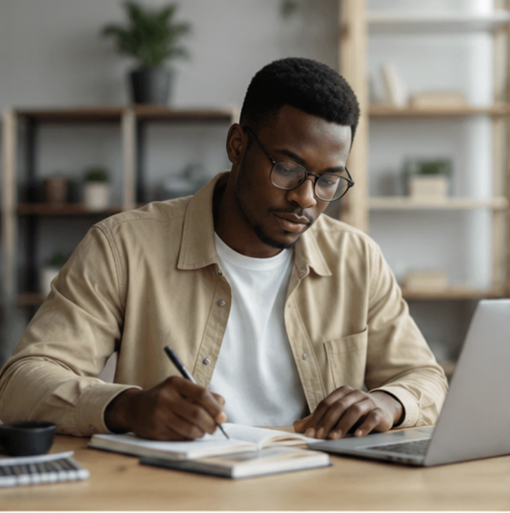 Professional writing notes beside a laptop